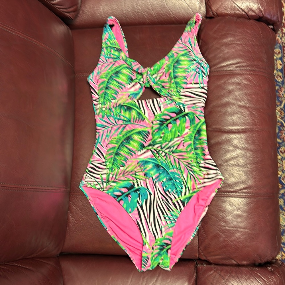 Kian D neon pink palm leaf zebra print padded bra cut out one piece swimsuit M